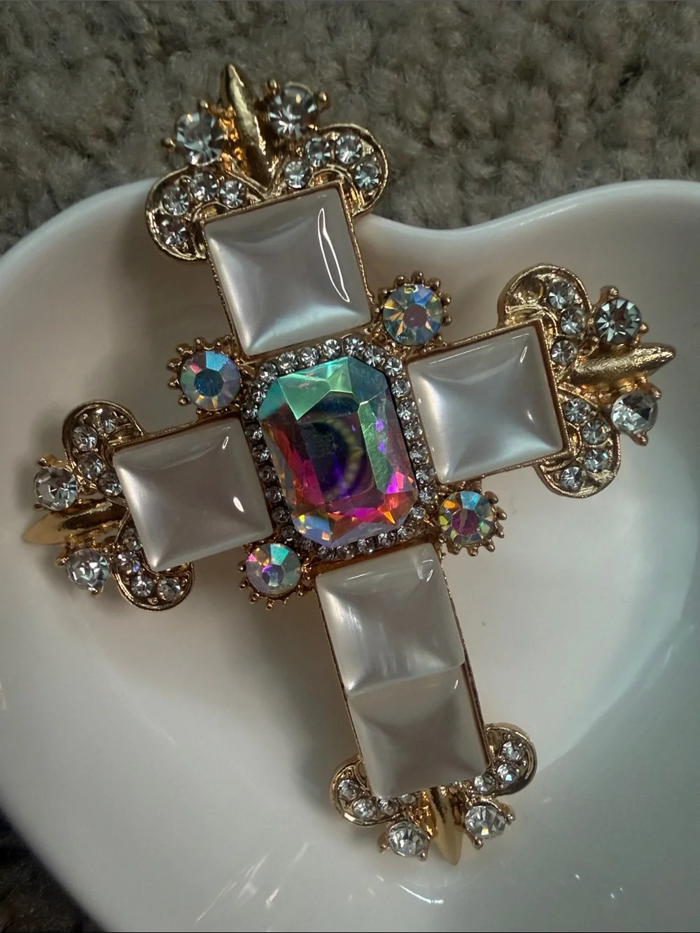 Iridescent Crystal Cross Brooch with White Cabochons